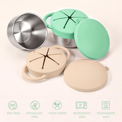 Stainless Steel Snack Containers with Lids, Snack cups with Silicone Food Catcher for Toddlers (Color 1)
