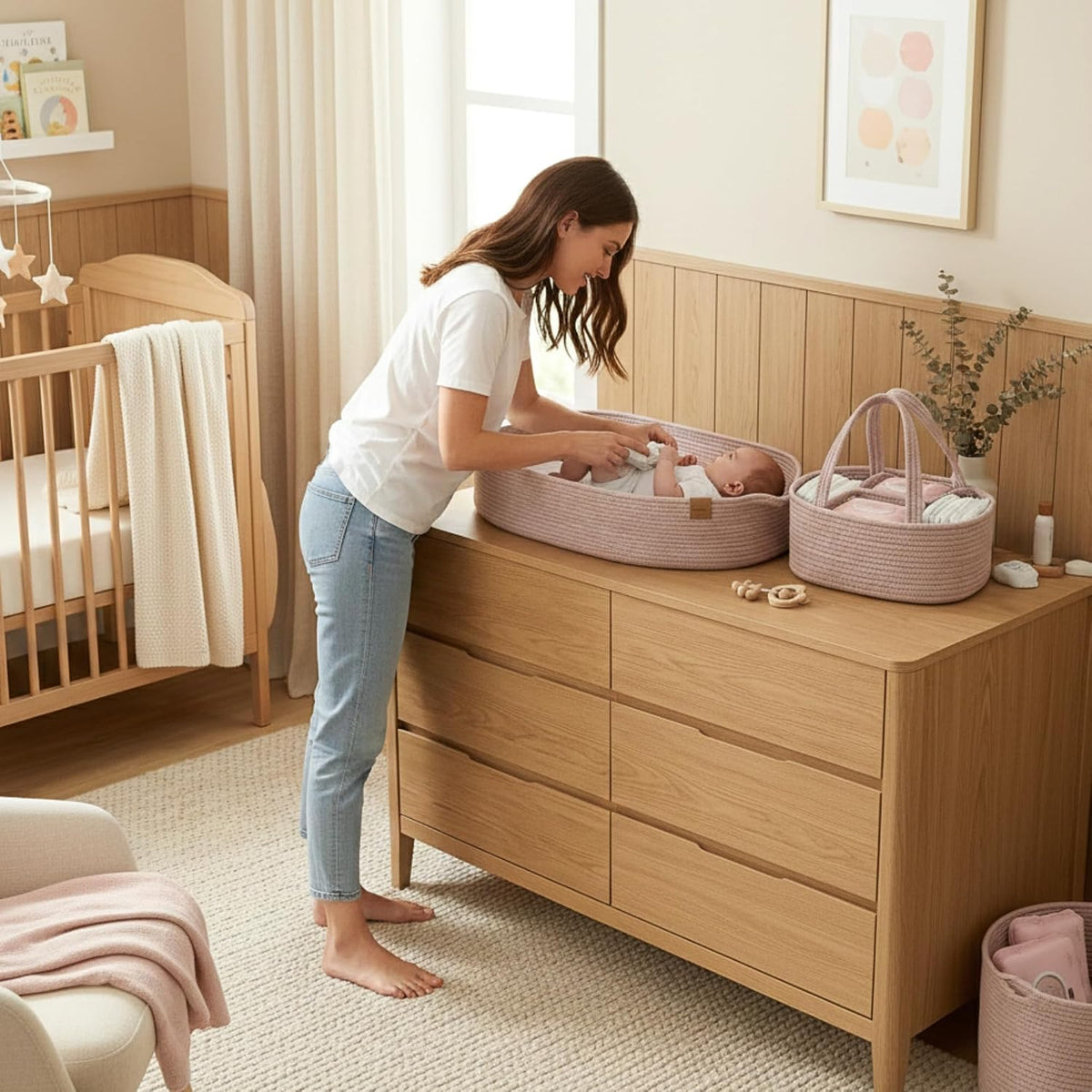 XL Baby Changing Basket for Dresser Top, Moses Baskets for Newborn, Portable Baby Diaper Changing Pad Table Topper for Dresser, Moses Bassinet Mat with Waterproof Pad Cover and Diaper Caddy