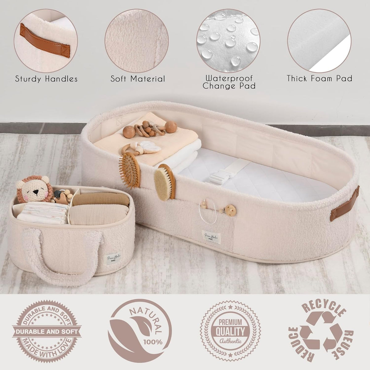 XL Baby Changing Basket for Dresser Top, Moses Baskets for Newborn, Portable Baby Diaper Changing Pad Table Topper for Dresser, Moses Bassinet Mat with Waterproof Pad Cover and Diaper Caddy