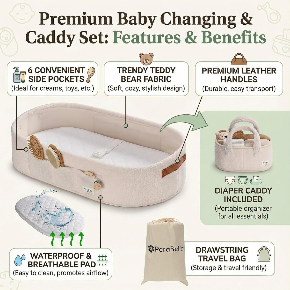 XL Baby Changing Basket for Dresser Top, Moses Baskets for Newborn, Portable Baby Diaper Changing Pad Table Topper for Dresser, Moses Bassinet Mat with Waterproof Pad Cover and Diaper Caddy