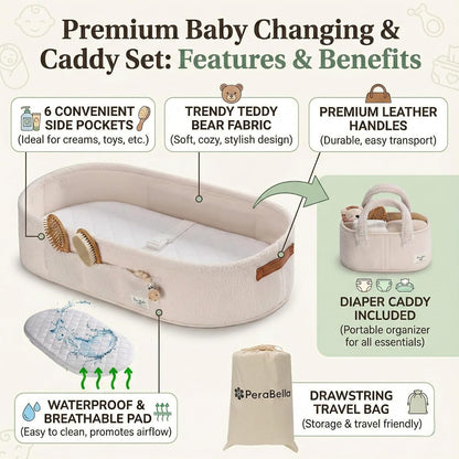 XL Baby Changing Basket for Dresser Top, Moses Baskets for Newborn, Portable Baby Diaper Changing Pad Table Topper for Dresser, Moses Bassinet Mat with Waterproof Pad Cover and Diaper Caddy