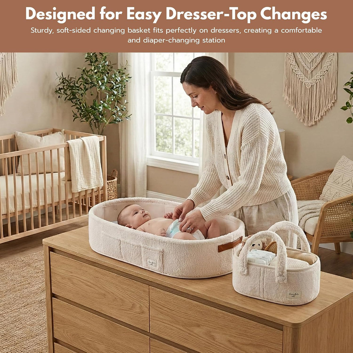 XL Baby Changing Basket for Dresser Top, Moses Baskets for Newborn, Portable Baby Diaper Changing Pad Table Topper for Dresser, Moses Bassinet Mat with Waterproof Pad Cover and Diaper Caddy