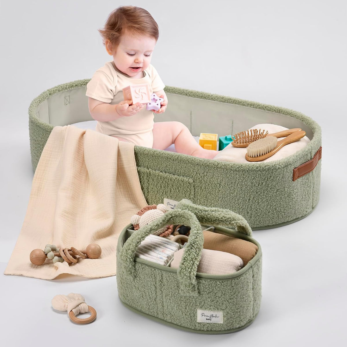 XL Baby Changing Basket for Dresser Top, Moses Baskets for Newborn, Portable Baby Diaper Changing Pad Table Topper for Dresser, Moses Bassinet Mat with Waterproof Pad Cover and Diaper Caddy