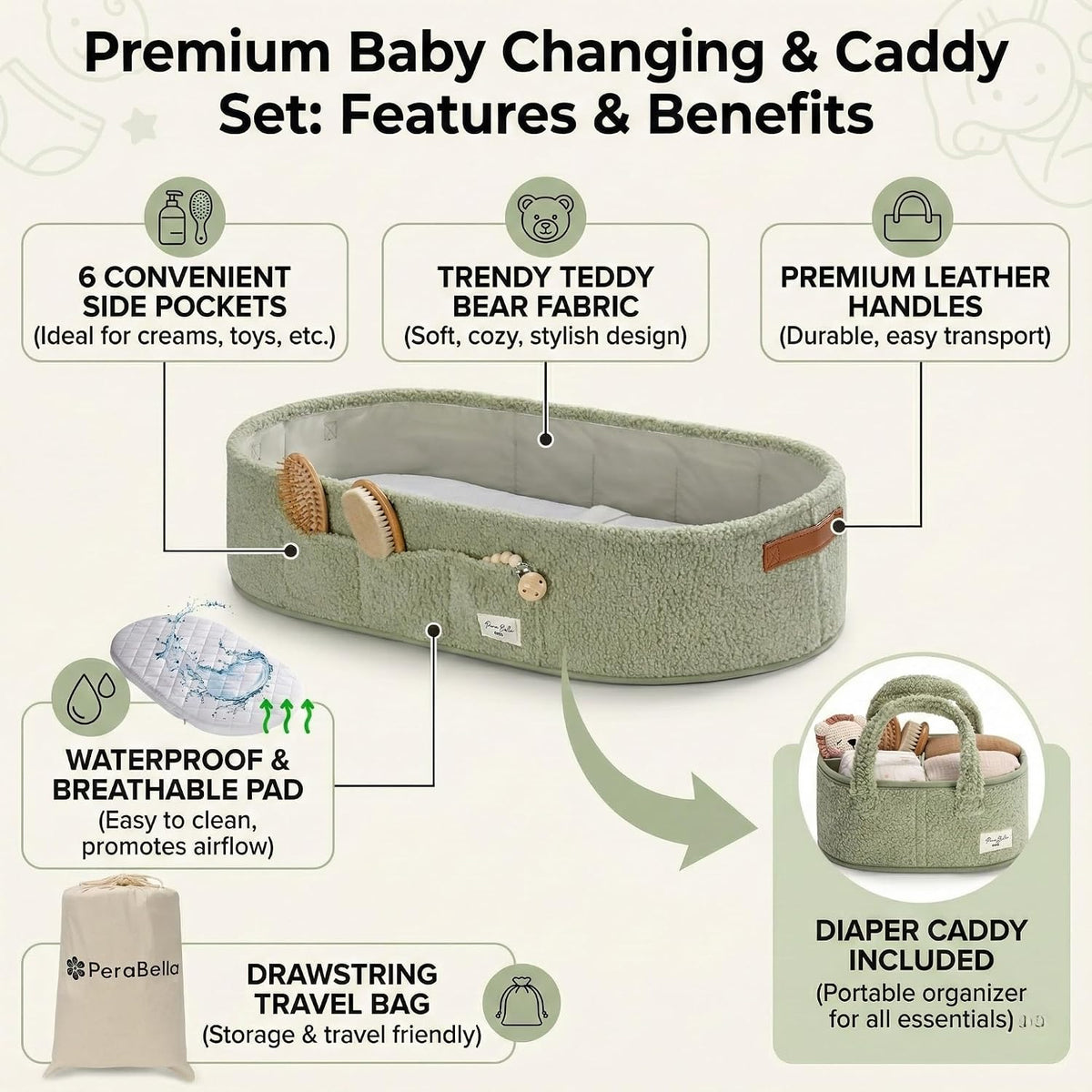 XL Baby Changing Basket for Dresser Top, Moses Baskets for Newborn, Portable Baby Diaper Changing Pad Table Topper for Dresser, Moses Bassinet Mat with Waterproof Pad Cover and Diaper Caddy