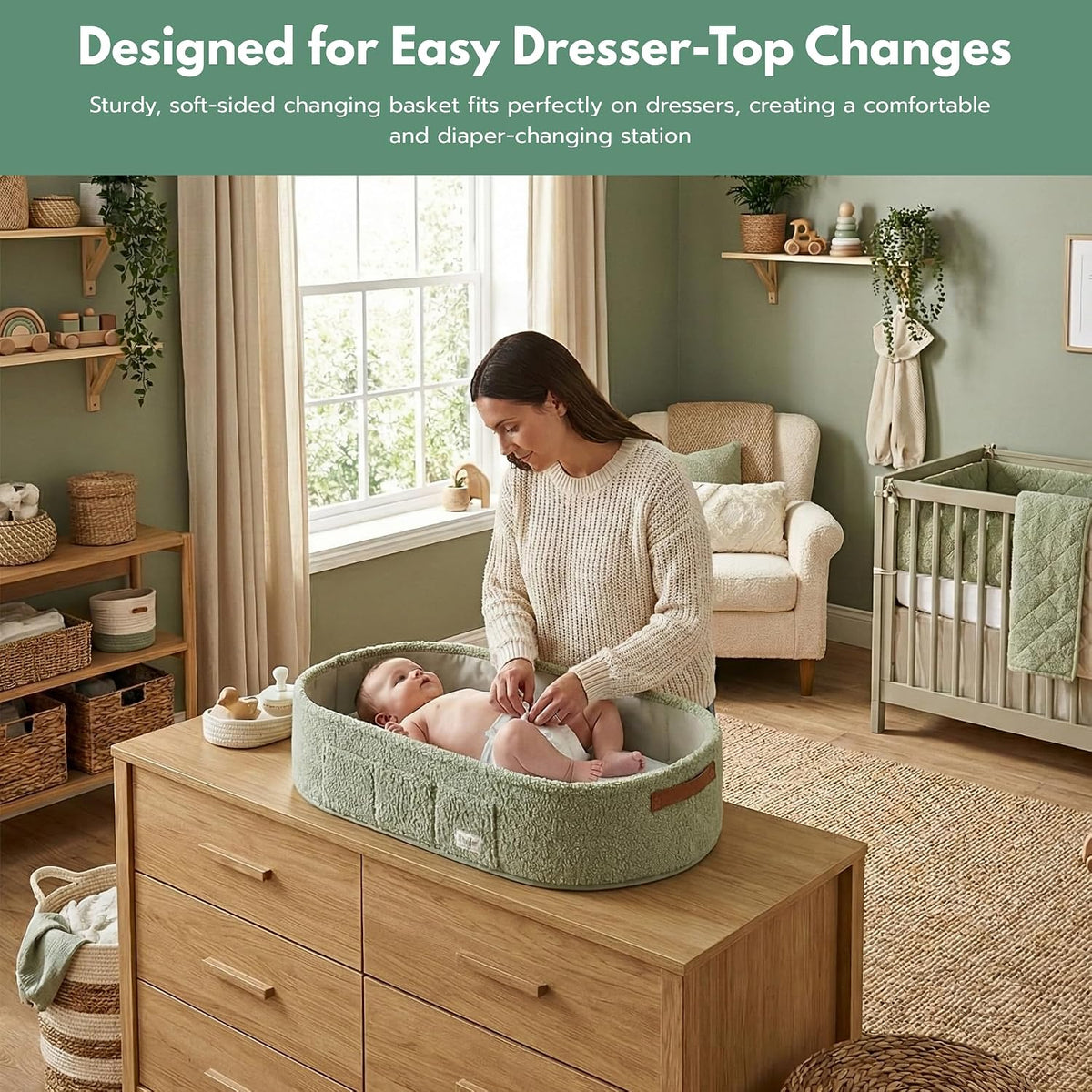 XL Baby Changing Basket for Dresser Top, Moses Baskets for Newborn, Portable Baby Diaper Changing Pad Table Topper for Dresser, Moses Bassinet Mat with Waterproof Pad Cover and Diaper Caddy