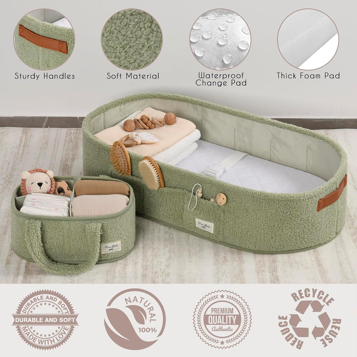 XL Baby Changing Basket for Dresser Top, Moses Baskets for Newborn, Portable Baby Diaper Changing Pad Table Topper for Dresser, Moses Bassinet Mat with Waterproof Pad Cover and Diaper Caddy