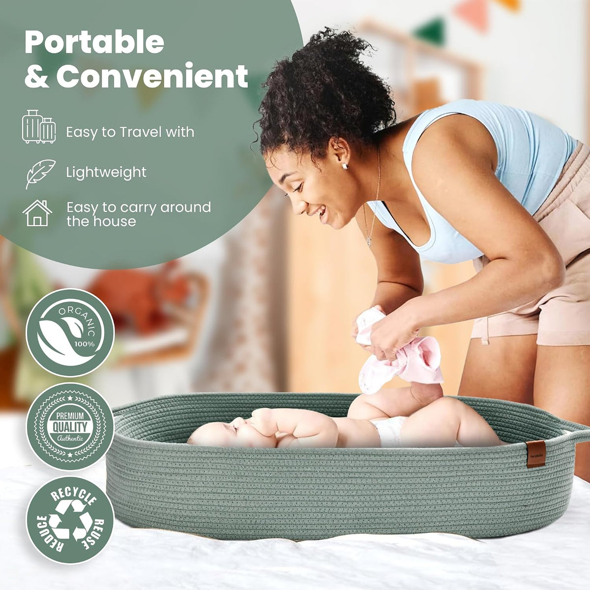 XL Baby Changing Basket for Dresser Top, Moses Baskets for Newborn, Portable Baby Diaper Changing Pad Table Topper for Dresser, Moses Bassinet Mat with Waterproof Pad Cover and Diaper Caddy