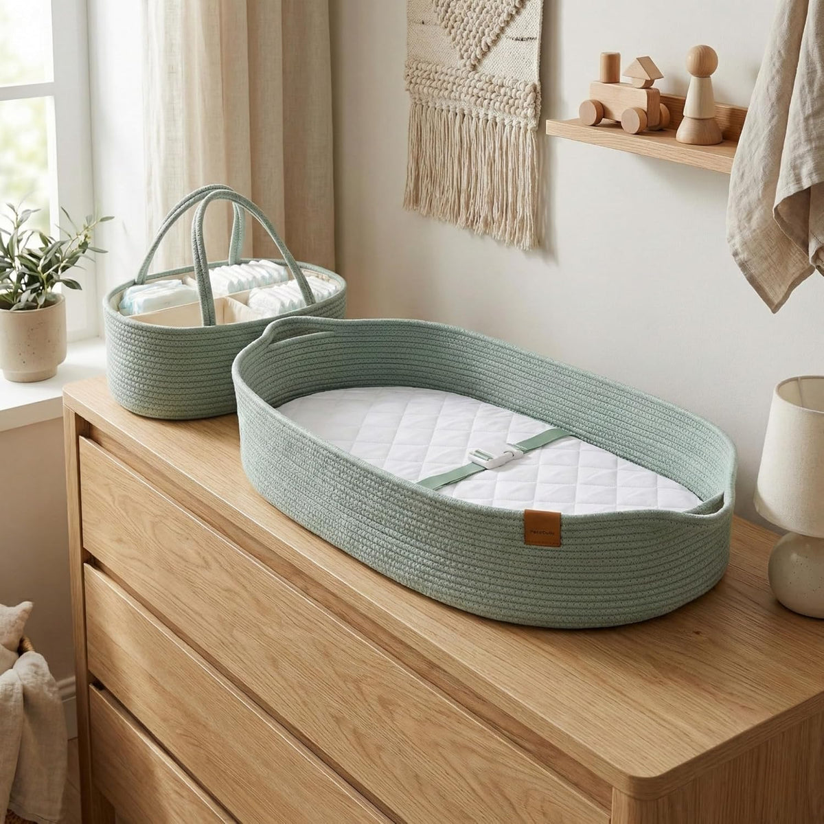 XL Baby Changing Basket for Dresser Top, Moses Baskets for Newborn, Portable Baby Diaper Changing Pad Table Topper for Dresser, Moses Bassinet Mat with Waterproof Pad Cover and Diaper Caddy