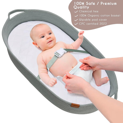 XL Baby Changing Basket for Dresser Top, Moses Baskets for Newborn, Portable Baby Diaper Changing Pad Table Topper for Dresser, Moses Bassinet Mat with Waterproof Pad Cover and Diaper Caddy