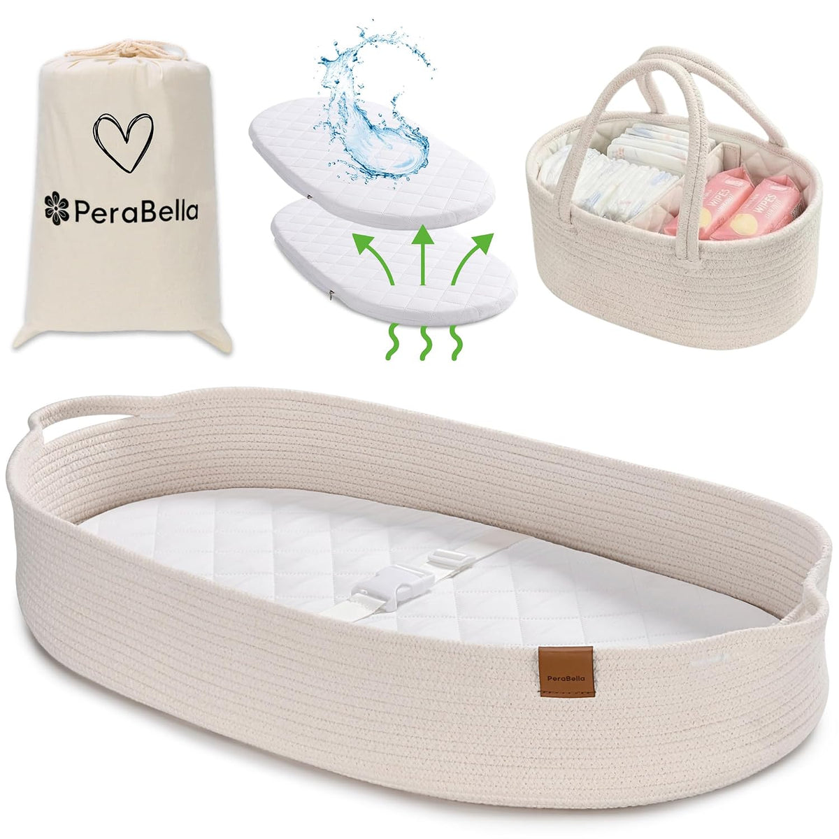 XL Baby Changing Basket for Dresser Top, Moses Baskets for Newborn, Portable Baby Diaper Changing Pad Table Topper for Dresser, Moses Bassinet Mat with Waterproof Pad Cover and Diaper Caddy