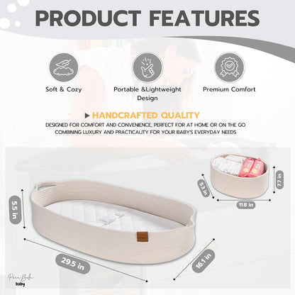 XL Baby Changing Basket for Dresser Top, Moses Baskets for Newborn, Portable Baby Diaper Changing Pad Table Topper for Dresser, Moses Bassinet Mat with Waterproof Pad Cover and Diaper Caddy