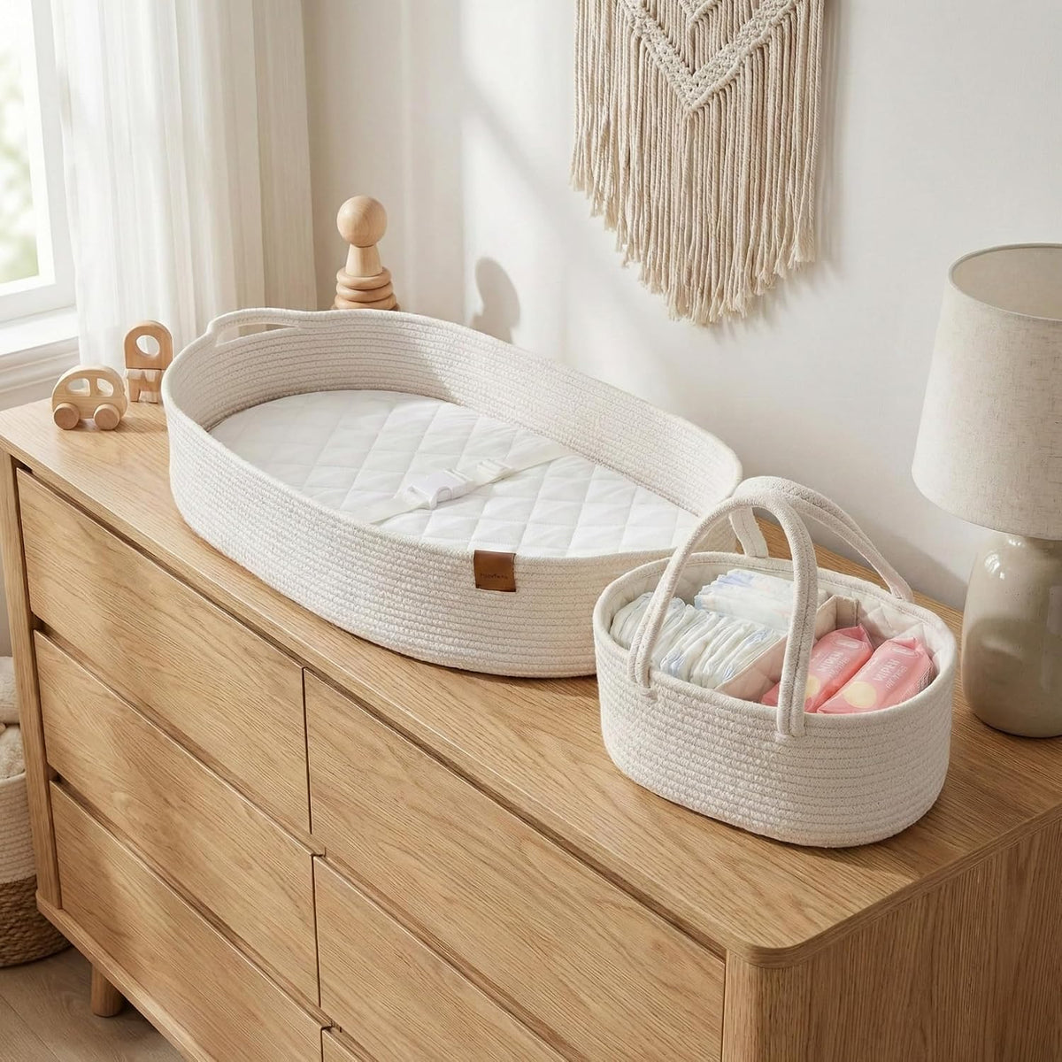 XL Baby Changing Basket for Dresser Top, Moses Baskets for Newborn, Portable Baby Diaper Changing Pad Table Topper for Dresser, Moses Bassinet Mat with Waterproof Pad Cover and Diaper Caddy