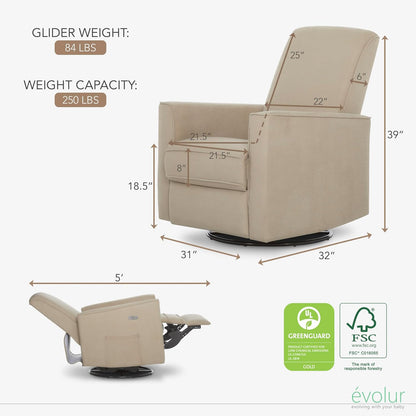 Harlow Upholstered Power Glider Recliner with USB Charging – Rocking & 275° Swivel with Smooth Glide – Greenguard Gold & FSC Certified – Modern Nursery and Living Room Chair in Light Sand
