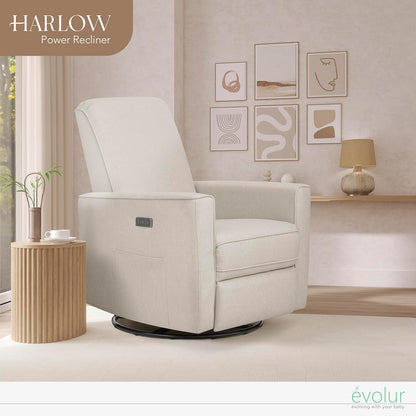 Harlow Upholstered Power Glider Recliner with USB Charging – Rocking & 275° Swivel with Smooth Glide – Greenguard Gold & FSC Certified – Modern Nursery and Living Room Chair in Light Sand