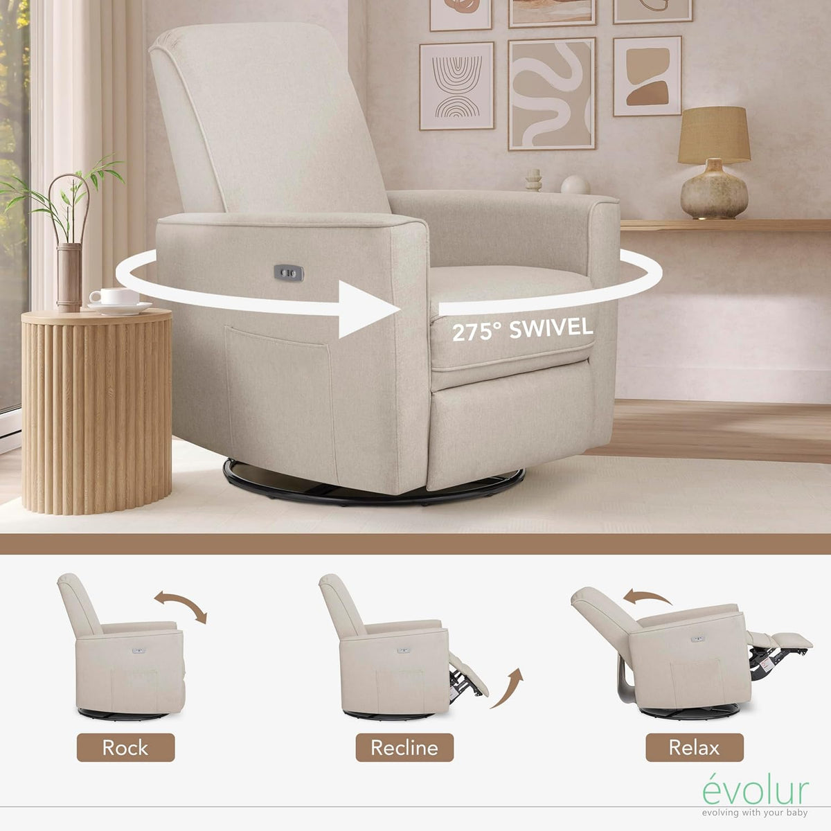 Harlow Upholstered Power Glider Recliner with USB Charging – Rocking & 275° Swivel with Smooth Glide – Greenguard Gold & FSC Certified – Modern Nursery and Living Room Chair in Light Sand