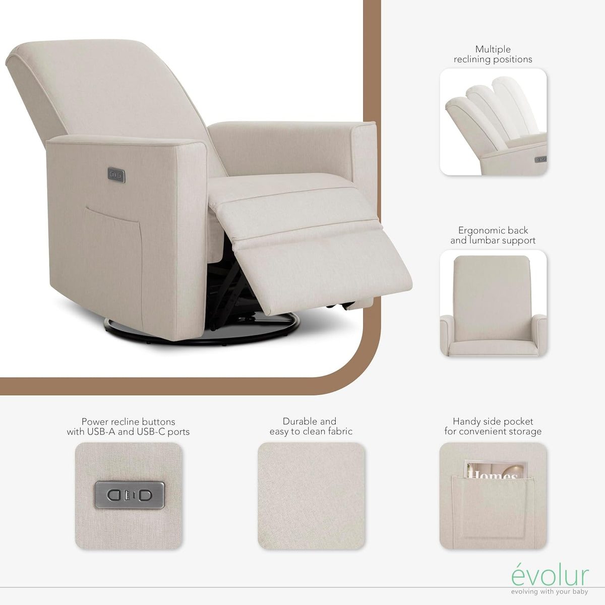 Harlow Upholstered Power Glider Recliner with USB Charging – Rocking & 275° Swivel with Smooth Glide – Greenguard Gold & FSC Certified – Modern Nursery and Living Room Chair in Light Sand