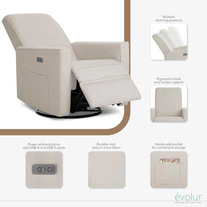Harlow Upholstered Power Glider Recliner with USB Charging – Rocking & 275° Swivel with Smooth Glide – Greenguard Gold & FSC Certified – Modern Nursery and Living Room Chair in Light Sand