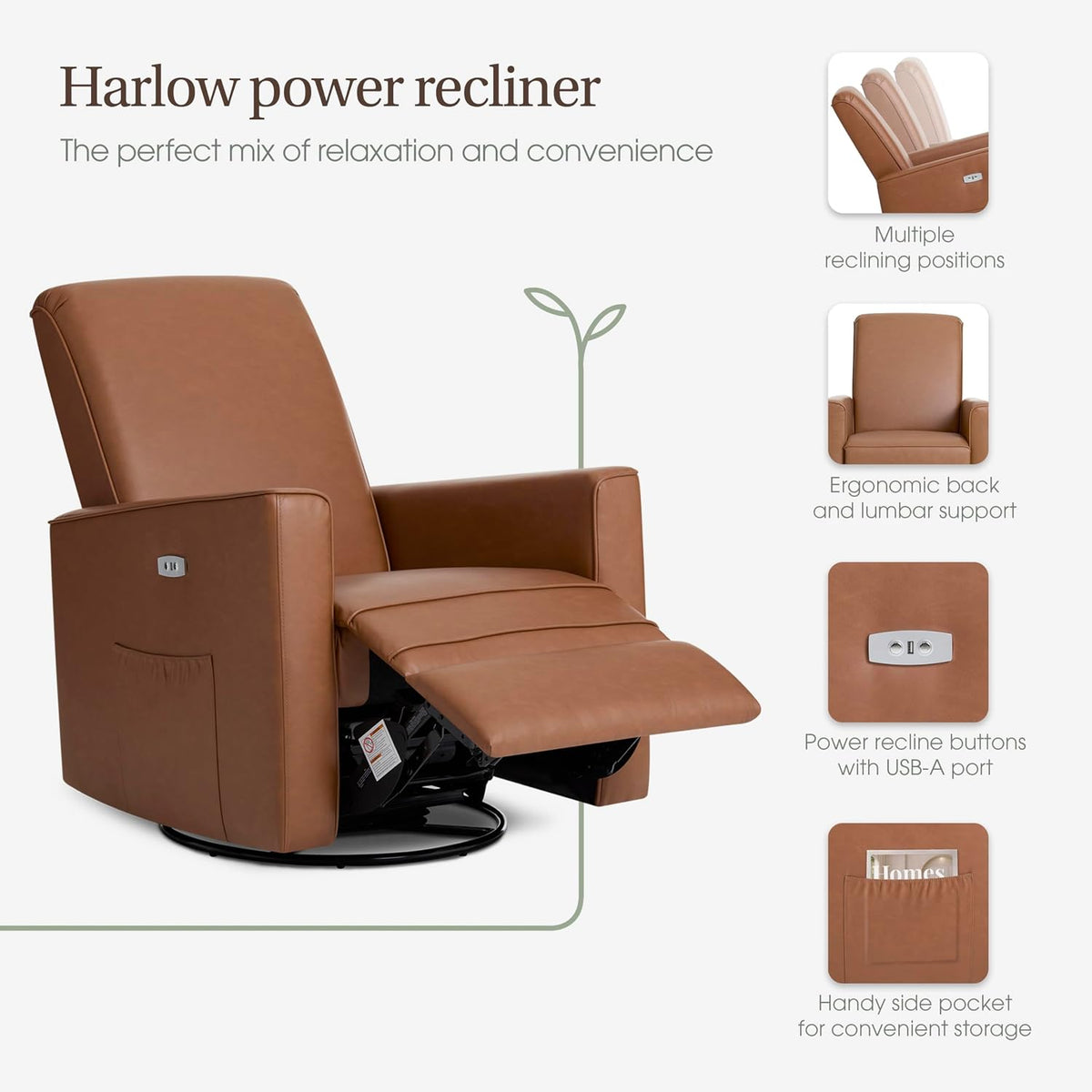 Harlow Upholstered Power Glider Recliner with USB Charging – Rocking & 275° Swivel with Smooth Glide – Greenguard Gold & FSC Certified – Modern Nursery and Living Room Chair in Light Sand