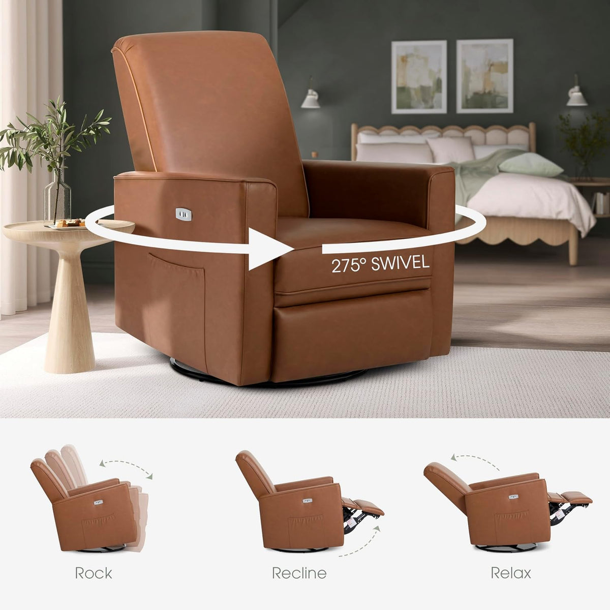 Harlow Upholstered Power Glider Recliner with USB Charging – Rocking & 275° Swivel with Smooth Glide – Greenguard Gold & FSC Certified – Modern Nursery and Living Room Chair in Light Sand