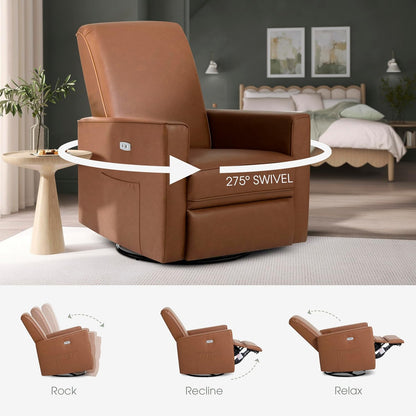 Harlow Upholstered Power Glider Recliner with USB Charging – Rocking & 275° Swivel with Smooth Glide – Greenguard Gold & FSC Certified – Modern Nursery and Living Room Chair in Light Sand