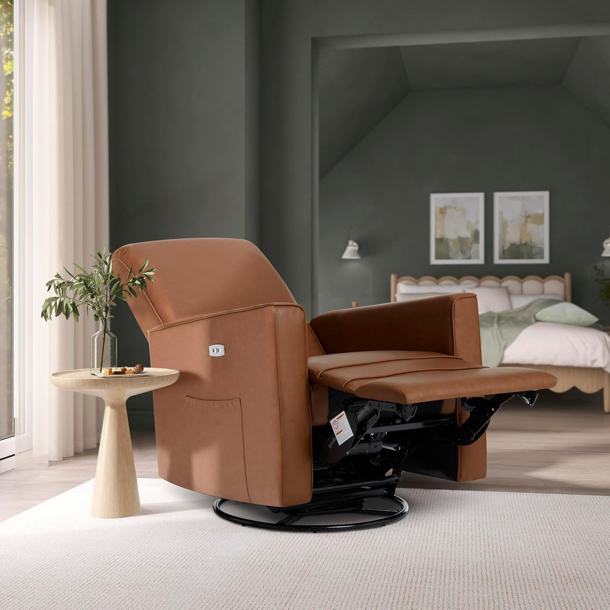 Harlow Upholstered Power Glider Recliner with USB Charging – Rocking & 275° Swivel with Smooth Glide – Greenguard Gold & FSC Certified – Modern Nursery and Living Room Chair in Light Sand