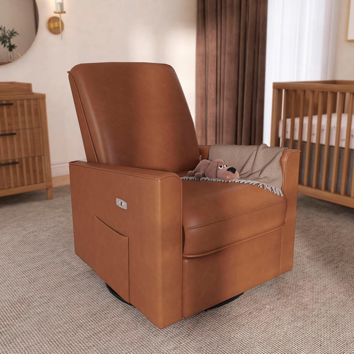 Harlow Upholstered Power Glider Recliner with USB Charging – Rocking & 275° Swivel with Smooth Glide – Greenguard Gold & FSC Certified – Modern Nursery and Living Room Chair in Light Sand