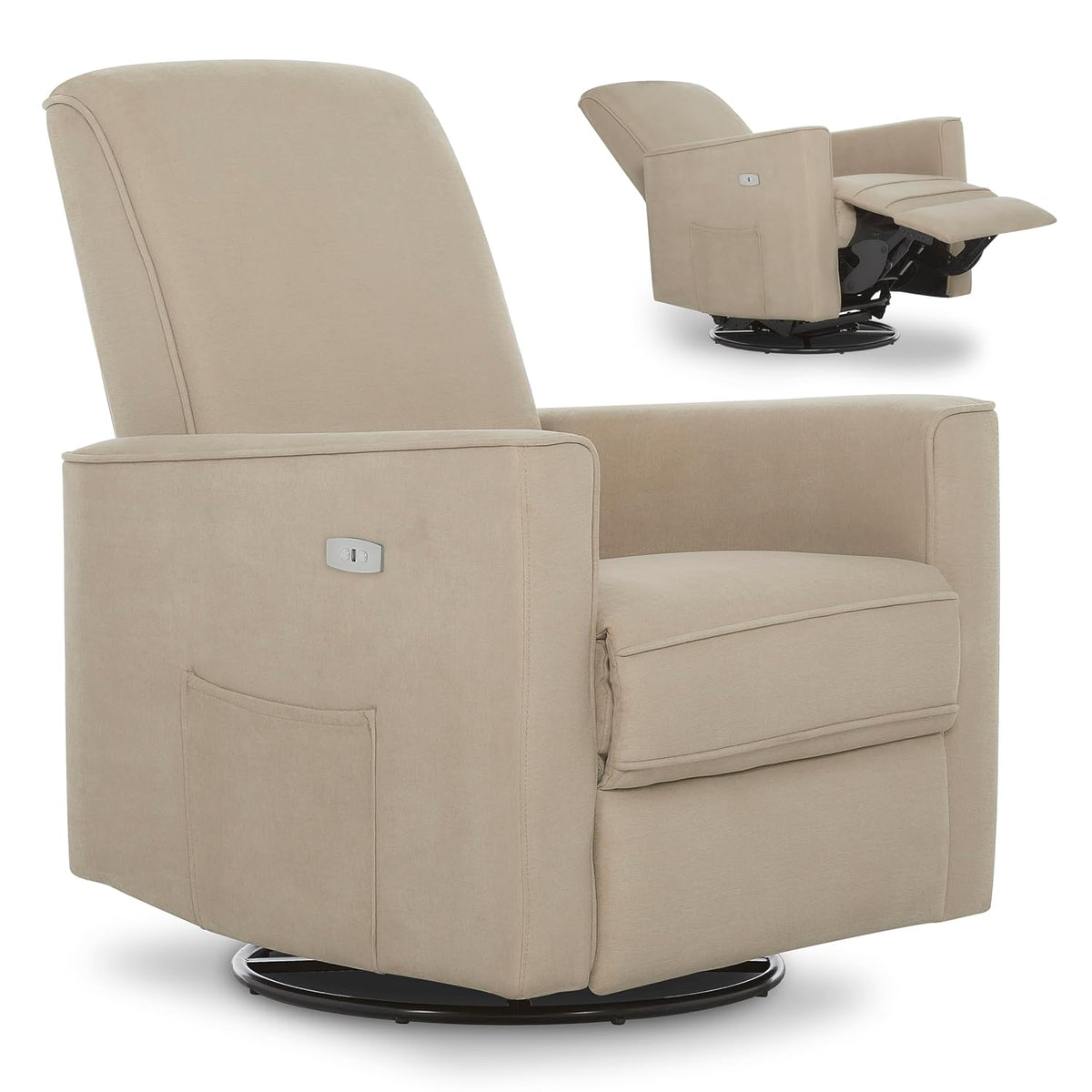 Harlow Upholstered Power Glider Recliner with USB Charging – Rocking & 275° Swivel with Smooth Glide – Greenguard Gold & FSC Certified – Modern Nursery and Living Room Chair in Light Sand