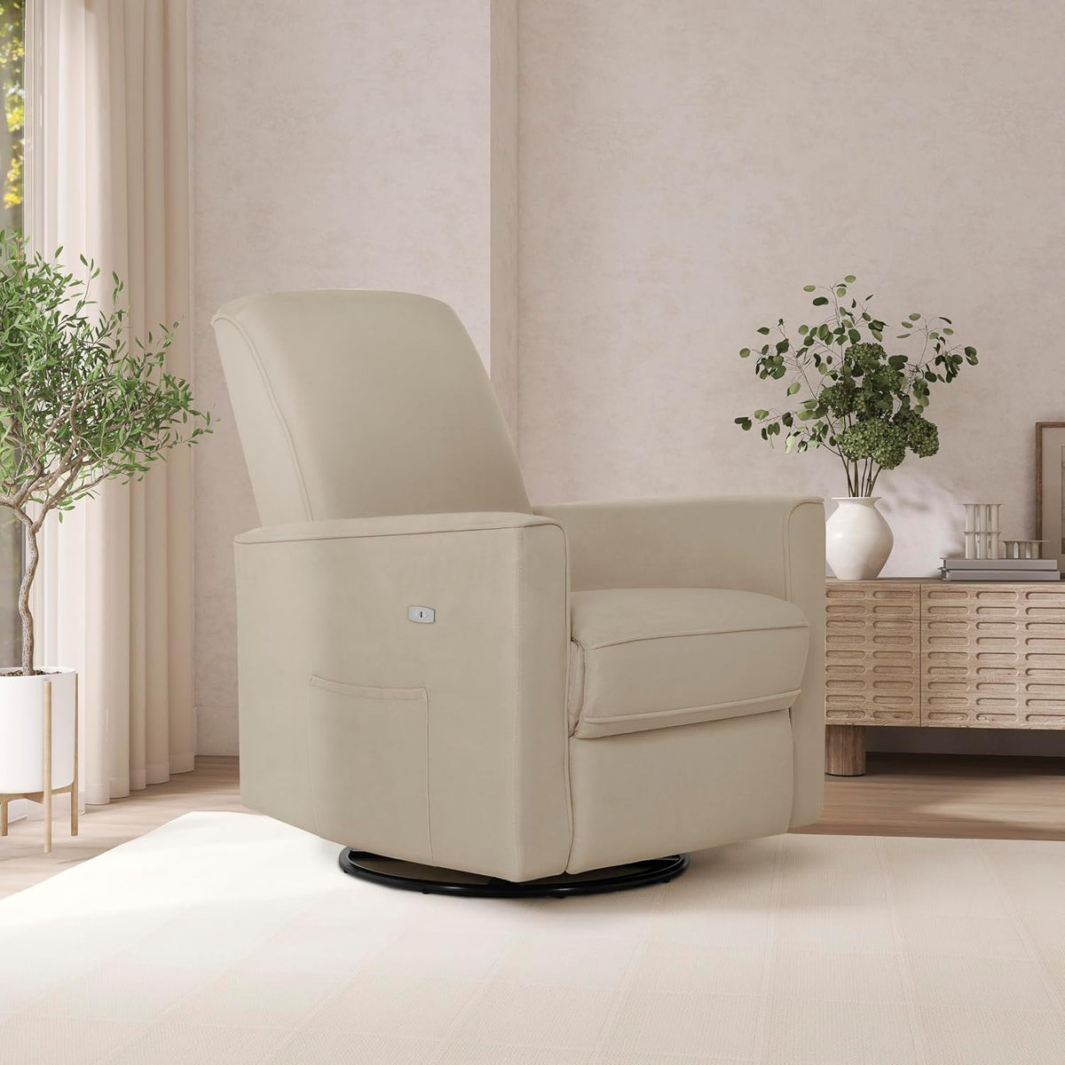 Harlow Upholstered Power Glider Recliner with USB Charging – Rocking & 275° Swivel with Smooth Glide – Greenguard Gold & FSC Certified – Modern Nursery and Living Room Chair in Light Sand