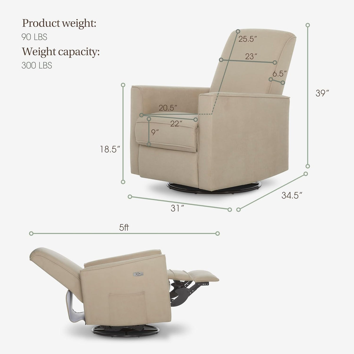 Harlow Upholstered Power Glider Recliner with USB Charging – Rocking & 275° Swivel with Smooth Glide – Greenguard Gold & FSC Certified – Modern Nursery and Living Room Chair in Light Sand