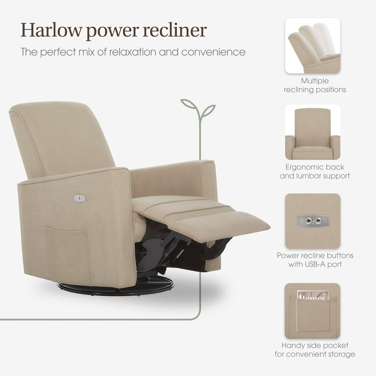 Harlow Upholstered Power Glider Recliner with USB Charging – Rocking & 275° Swivel with Smooth Glide – Greenguard Gold & FSC Certified – Modern Nursery and Living Room Chair in Light Sand