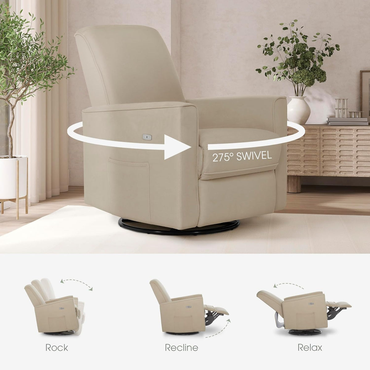 Harlow Upholstered Power Glider Recliner with USB Charging – Rocking & 275° Swivel with Smooth Glide – Greenguard Gold & FSC Certified – Modern Nursery and Living Room Chair in Light Sand