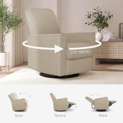 Harlow Upholstered Power Glider Recliner with USB Charging – Rocking & 275° Swivel with Smooth Glide – Greenguard Gold & FSC Certified – Modern Nursery and Living Room Chair in Light Sand