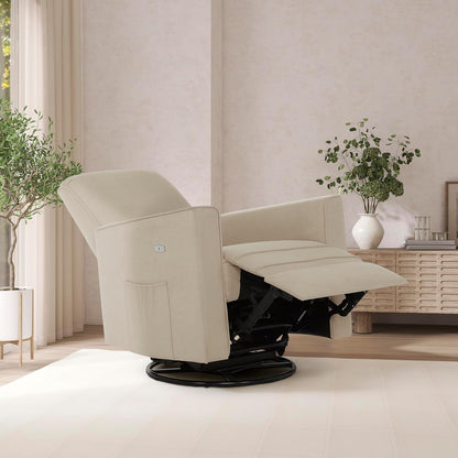 Harlow Upholstered Power Glider Recliner with USB Charging – Rocking & 275° Swivel with Smooth Glide – Greenguard Gold & FSC Certified – Modern Nursery and Living Room Chair in Light Sand