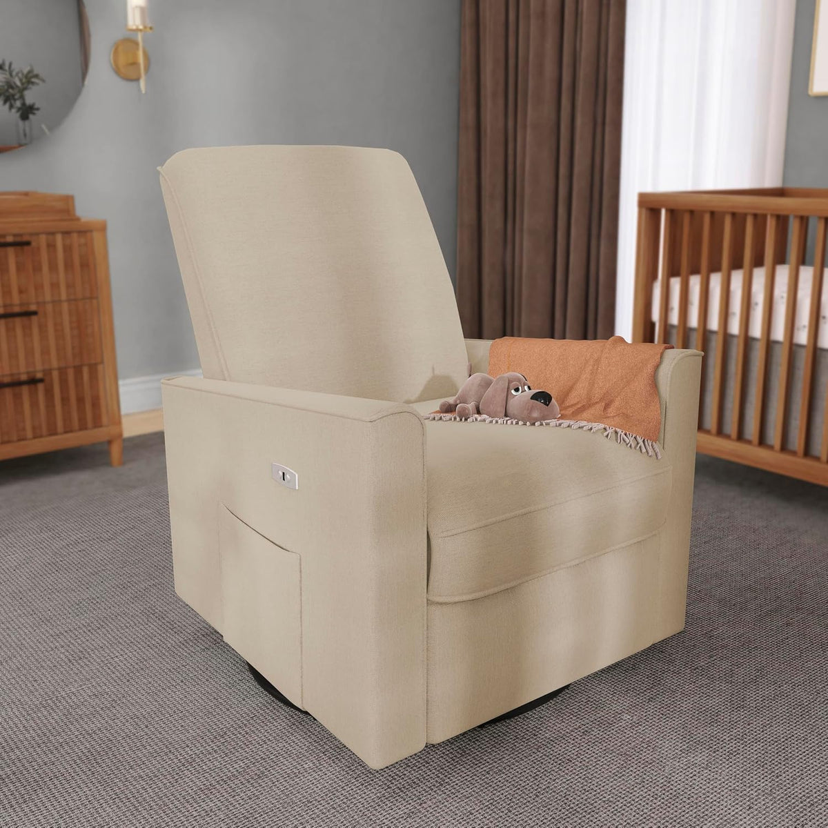 Harlow Upholstered Power Glider Recliner with USB Charging – Rocking & 275° Swivel with Smooth Glide – Greenguard Gold & FSC Certified – Modern Nursery and Living Room Chair in Light Sand