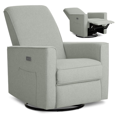 Harlow Upholstered Power Glider Recliner with USB Charging – Rocking & 275° Swivel with Smooth Glide – Greenguard Gold & FSC Certified – Modern Nursery and Living Room Chair in Light Sand