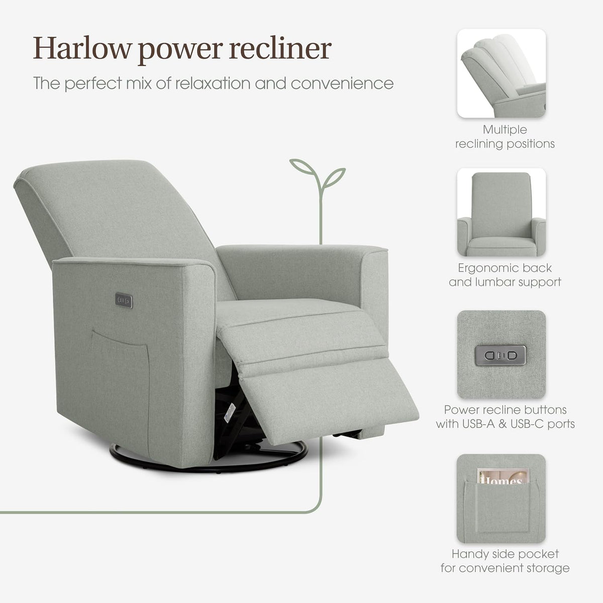 Harlow Upholstered Power Glider Recliner with USB Charging – Rocking & 275° Swivel with Smooth Glide – Greenguard Gold & FSC Certified – Modern Nursery and Living Room Chair in Light Sand