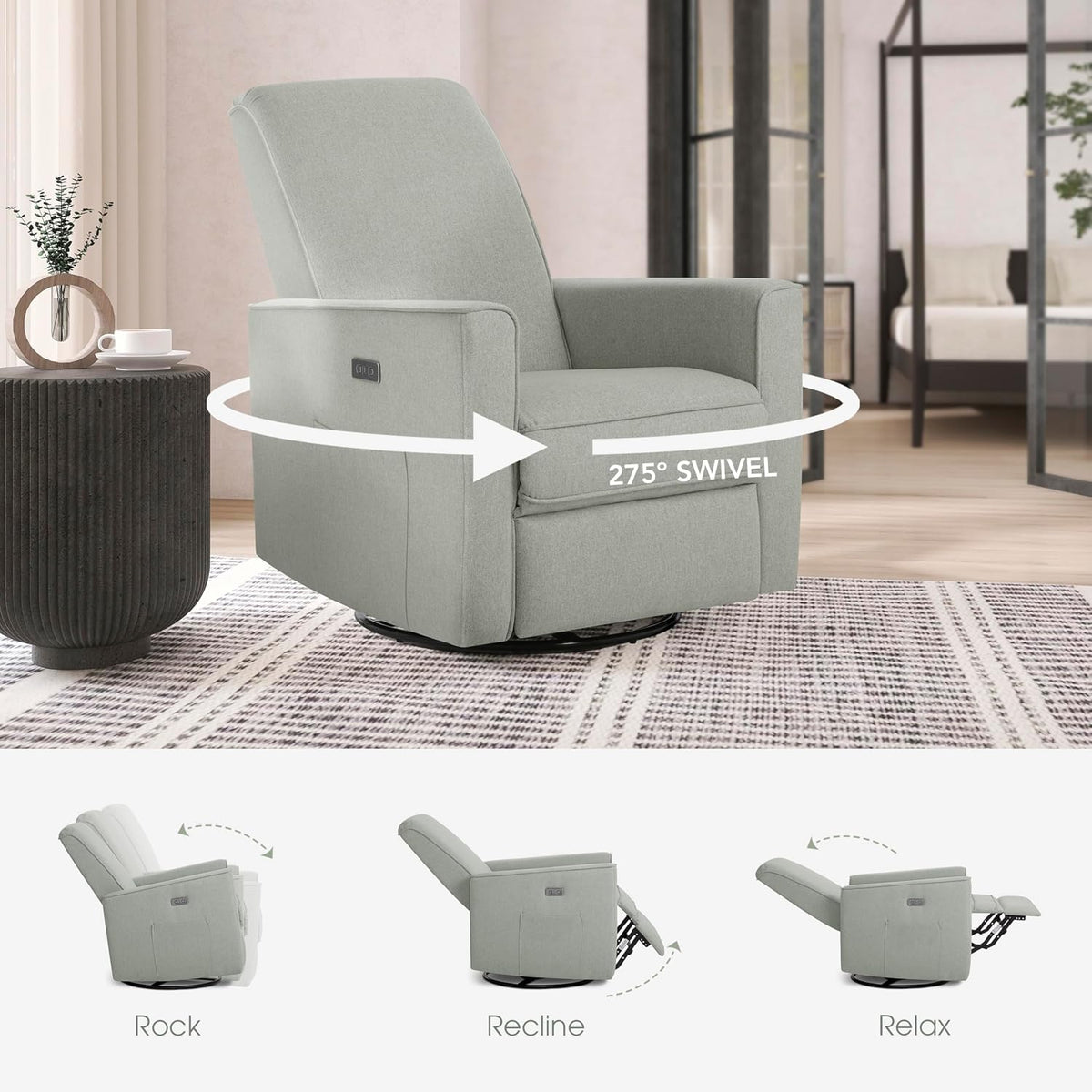 Harlow Upholstered Power Glider Recliner with USB Charging – Rocking & 275° Swivel with Smooth Glide – Greenguard Gold & FSC Certified – Modern Nursery and Living Room Chair in Light Sand