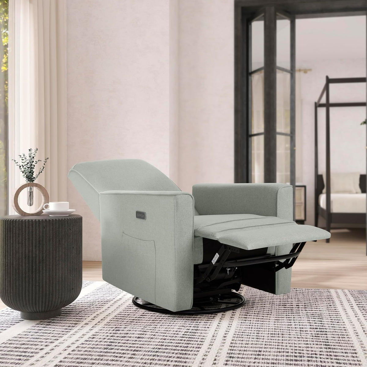 Harlow Upholstered Power Glider Recliner with USB Charging – Rocking & 275° Swivel with Smooth Glide – Greenguard Gold & FSC Certified – Modern Nursery and Living Room Chair in Light Sand