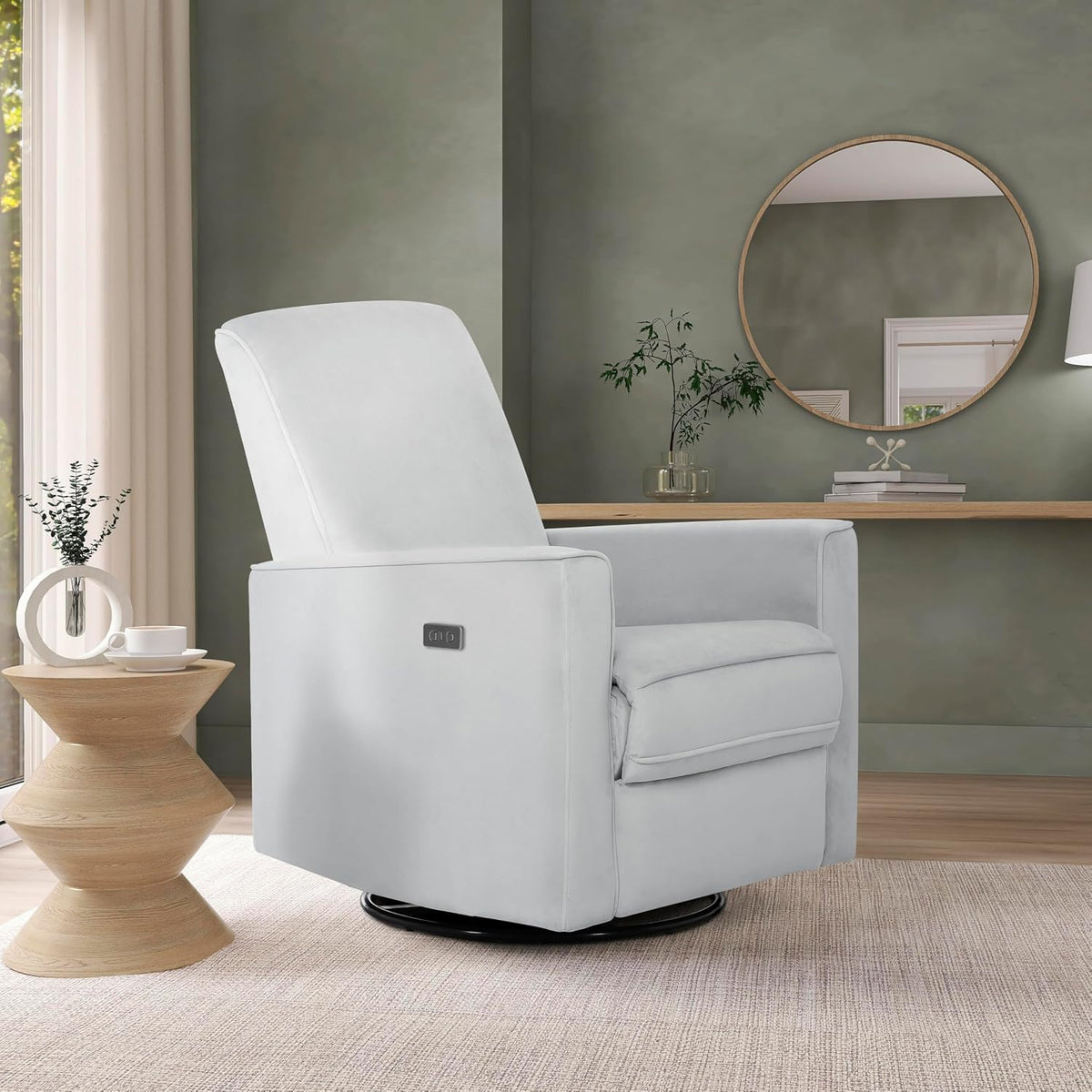 Harlow Upholstered Power Glider Recliner with USB Charging – Rocking & 275° Swivel with Smooth Glide – Greenguard Gold & FSC Certified – Modern Nursery and Living Room Chair in Light Sand