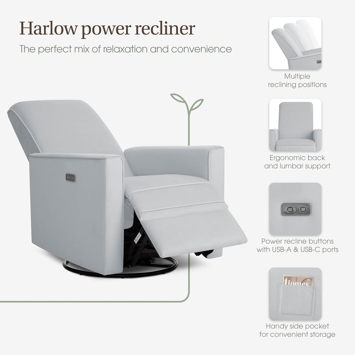 Harlow Upholstered Power Glider Recliner with USB Charging – Rocking & 275° Swivel with Smooth Glide – Greenguard Gold & FSC Certified – Modern Nursery and Living Room Chair in Light Sand