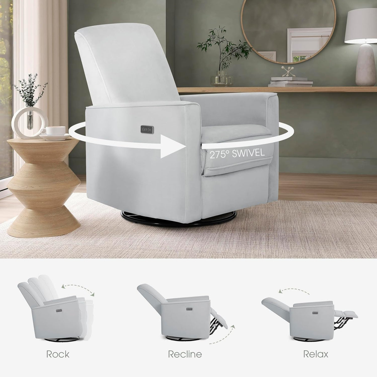 Harlow Upholstered Power Glider Recliner with USB Charging – Rocking & 275° Swivel with Smooth Glide – Greenguard Gold & FSC Certified – Modern Nursery and Living Room Chair in Light Sand