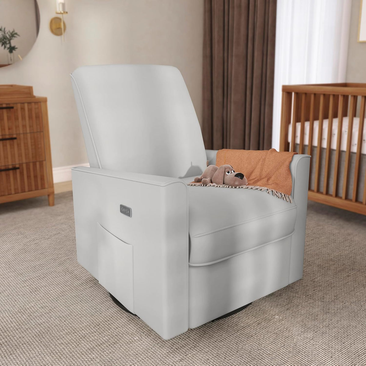 Harlow Upholstered Power Glider Recliner with USB Charging – Rocking & 275° Swivel with Smooth Glide – Greenguard Gold & FSC Certified – Modern Nursery and Living Room Chair in Light Sand