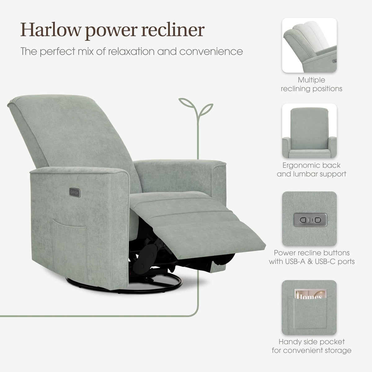 Harlow Upholstered Power Glider Recliner with USB Charging – Rocking & 275° Swivel with Smooth Glide – Greenguard Gold & FSC Certified – Modern Nursery and Living Room Chair in Light Sand
