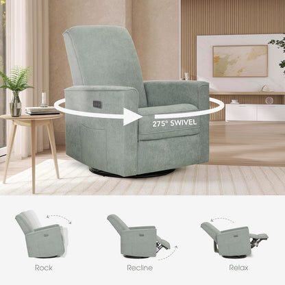 Harlow Upholstered Power Glider Recliner with USB Charging – Rocking & 275° Swivel with Smooth Glide – Greenguard Gold & FSC Certified – Modern Nursery and Living Room Chair in Light Sand