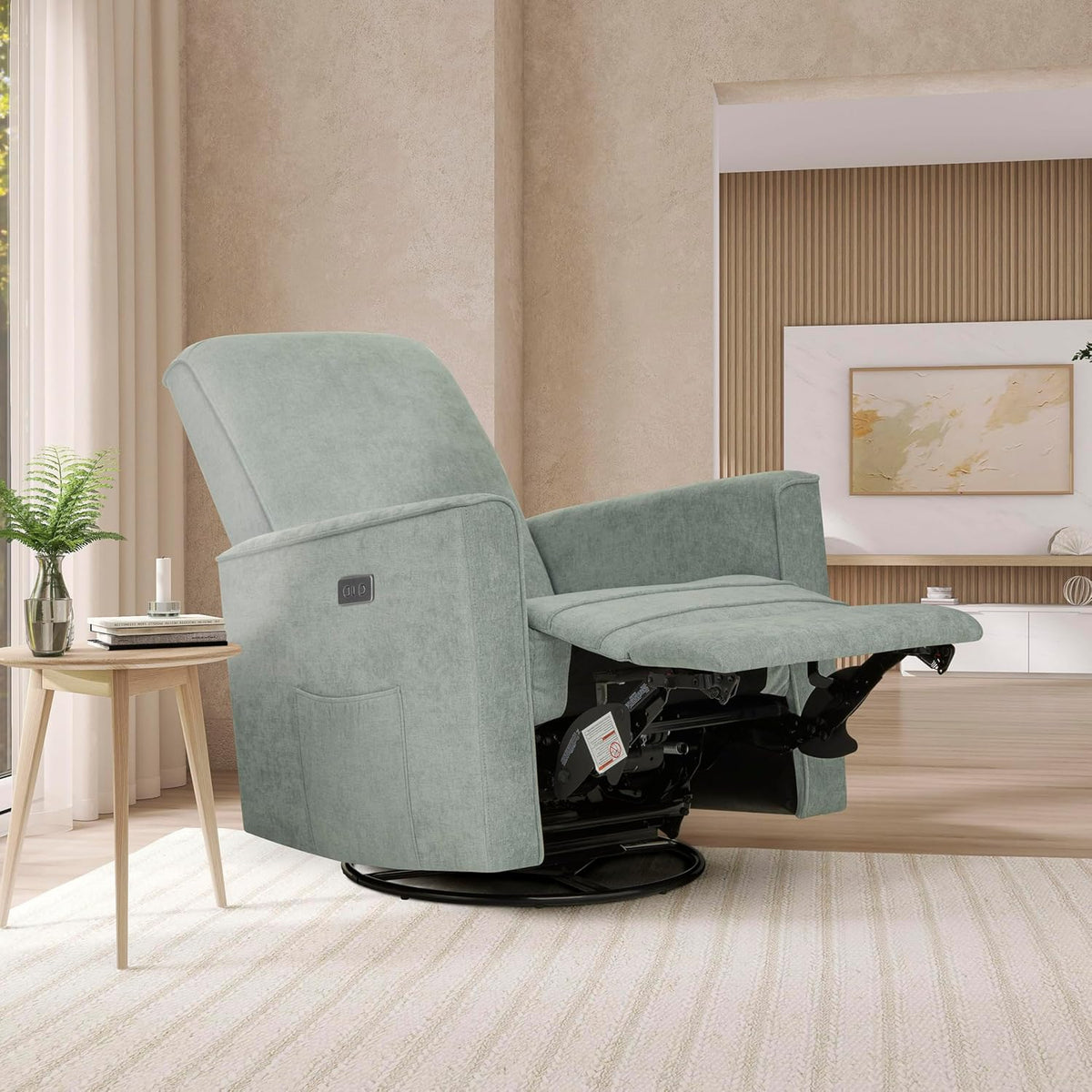 Harlow Upholstered Power Glider Recliner with USB Charging – Rocking & 275° Swivel with Smooth Glide – Greenguard Gold & FSC Certified – Modern Nursery and Living Room Chair in Light Sand