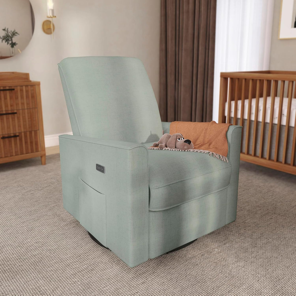 Harlow Upholstered Power Glider Recliner with USB Charging – Rocking & 275° Swivel with Smooth Glide – Greenguard Gold & FSC Certified – Modern Nursery and Living Room Chair in Light Sand