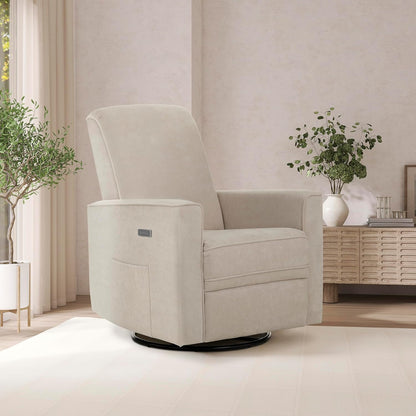Harlow Upholstered Power Glider Recliner with USB Charging – Rocking & 275° Swivel with Smooth Glide – Greenguard Gold & FSC Certified – Modern Nursery and Living Room Chair in Light Sand