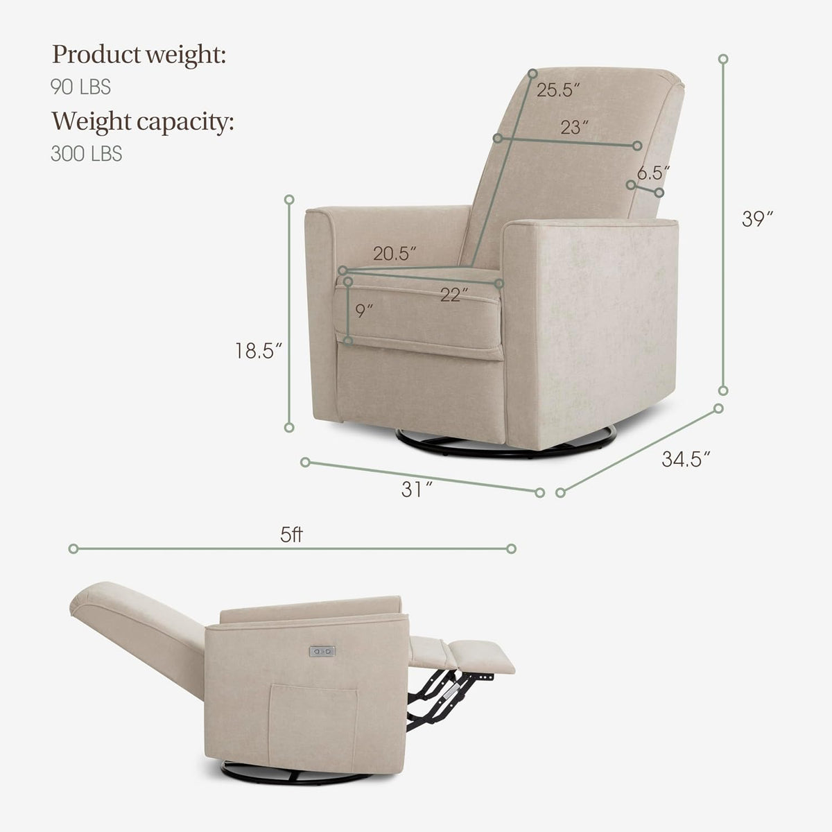 Harlow Upholstered Power Glider Recliner with USB Charging – Rocking & 275° Swivel with Smooth Glide – Greenguard Gold & FSC Certified – Modern Nursery and Living Room Chair in Light Sand