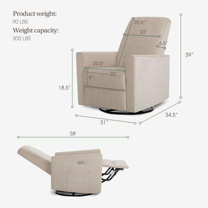 Harlow Upholstered Power Glider Recliner with USB Charging – Rocking & 275° Swivel with Smooth Glide – Greenguard Gold & FSC Certified – Modern Nursery and Living Room Chair in Light Sand
