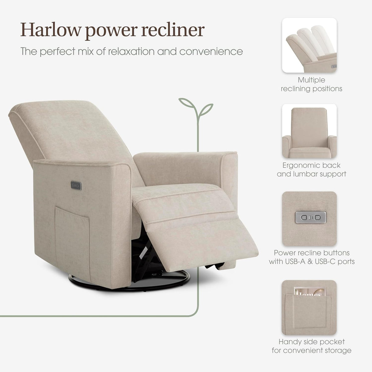 Harlow Upholstered Power Glider Recliner with USB Charging – Rocking & 275° Swivel with Smooth Glide – Greenguard Gold & FSC Certified – Modern Nursery and Living Room Chair in Light Sand